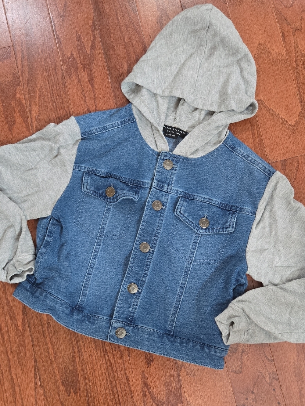 Social Standard by Sanctuary Kids Hooded Denim Jacket with Gray Sleeves/Hood